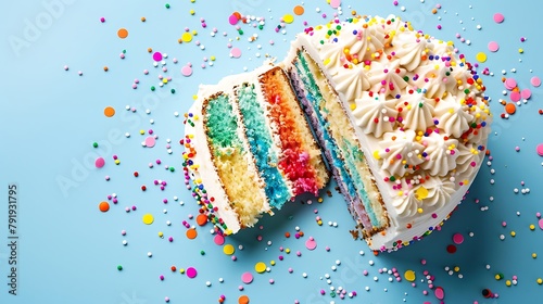 Sliced confetti birthday cake with rainbow colored icing and sprinkles over a blue background photo
