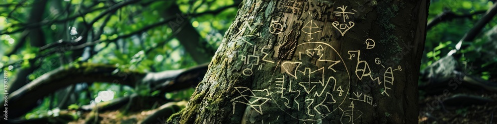 drawn magic symbols on a tree in the forest.