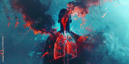 Pulmonary Embolism: The Chest Pain and Shortness of Breath - Visualize a person with highlighted lungs showing blocked artery, experiencing chest pain and shortness of breath, illustrating the symptom photo