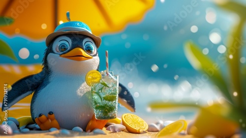 A Penguin in human clothes lies on a sunbathe on the beach, on a sun lounger, under a bright sun umbrella, drinks a mojito with ice from a glass glass with a straw, smiles, summer tones, bright rich c