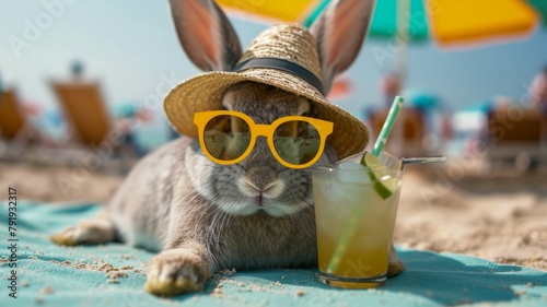 A rabbit in human clothes lies on a sunbathe on the beach, on a sun lounger, under a bright sun umbrella, drinks a mojito with ice from a glass glass with a straw, smiles, summer tones, bright rich co