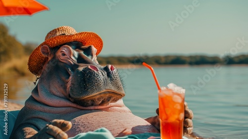 A Hippos in human clothes lies on a sunbathe on the beach, on a sun lounger, under a bright sun umbrella, drinks a mojito with ice from a glass glass with a straw, smiles, summer tones, bright rich co