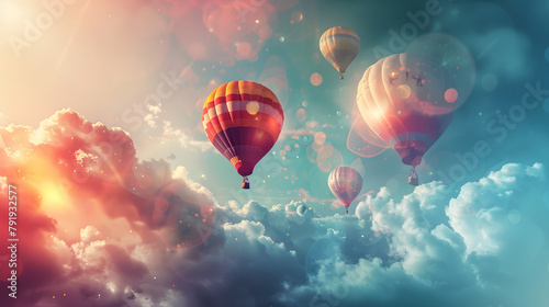 A colorful hot air balloon floats serenely through a clear blue sky dotted with fluffy white clouds