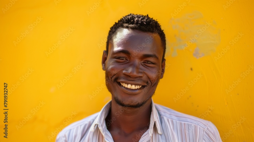a man with dark skin smiles against a bright background. a man with dark skin smiles against a bright background.
