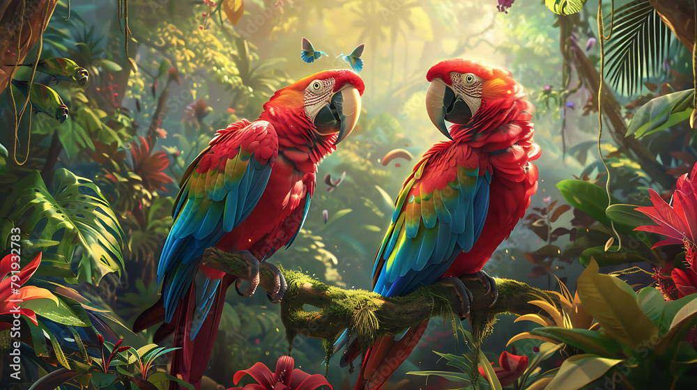 Beautiful macaws in the jungle.
