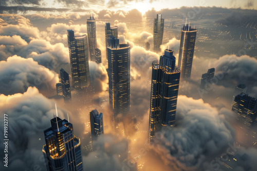 The tops of skyscrapers emerging above the clouds, creating the impression of a city floating in the sky - Generative AI photo