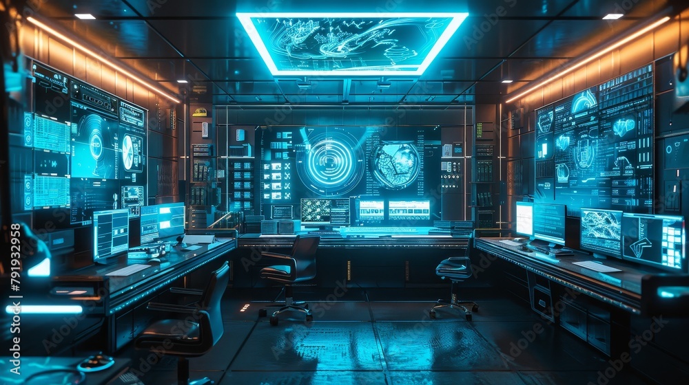 Futuristic computer lab with holographic displays