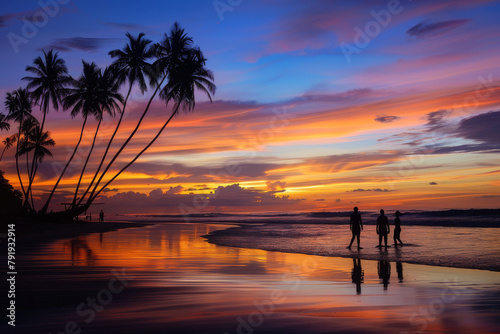 A spectacular sunset at a paradisiacal beach, focusing on the vibrant colors in the sky, the reflection on the water, and the silhouettes of people enjoying the serene end to the day - Generative AI photo