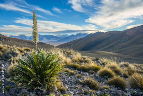 Puya alpestris thriving in its natural habitat, focusing on how the plant adapts to the rugged terrains of Chile - Generative AI