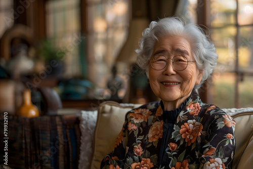 Joyful korean senior woman with glasses sitting on a couch