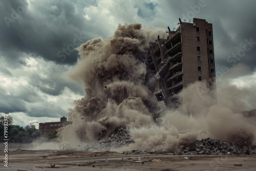 A controlled demolition of a building in an urban setting, focusing on the moment the structure begins to collapse amidst a cloud of dust and debris - Generative AI