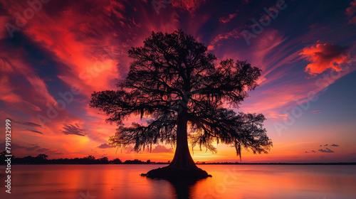 majestic silhouette of a Bald Cypress tree against a vibrant sunset sky, its feathery foliage and towering trunk photo