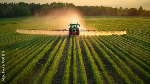 Tractor Spraying Pesticides on Farmland at Sunset