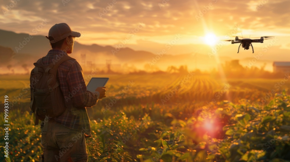 Modern Agriculture: Farmer with Drone in Sunrise Field Modern Agriculture: Farmer with Drone in Sunrise Field