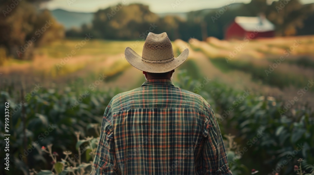 Rear View of Farmer Overlooking His Crop Fields