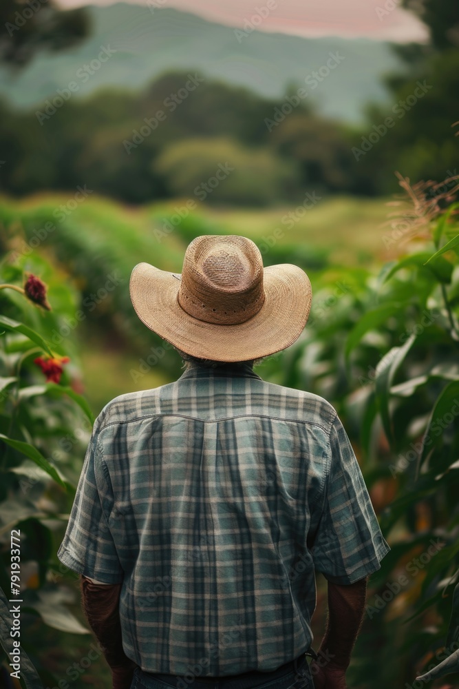 Farmer in Plaid Shirt Observing Farmland