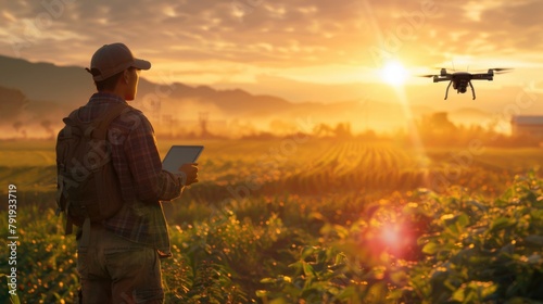 Modern Agriculture: Farmer with Drone in Sunrise Field