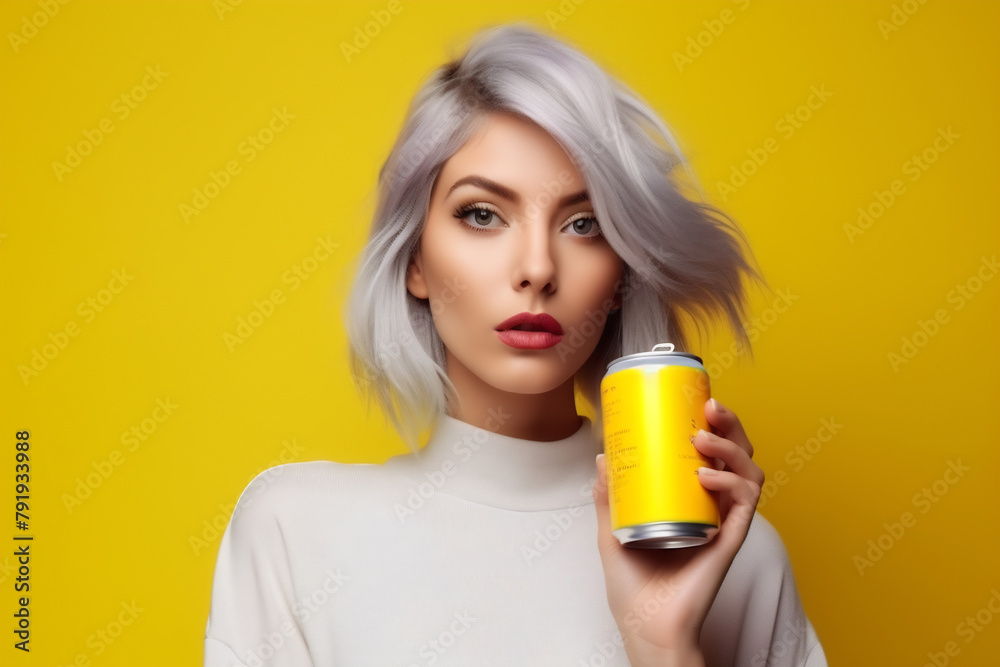 Beautiful white woman with soda can on color background Beautiful white woman with soda can on color background