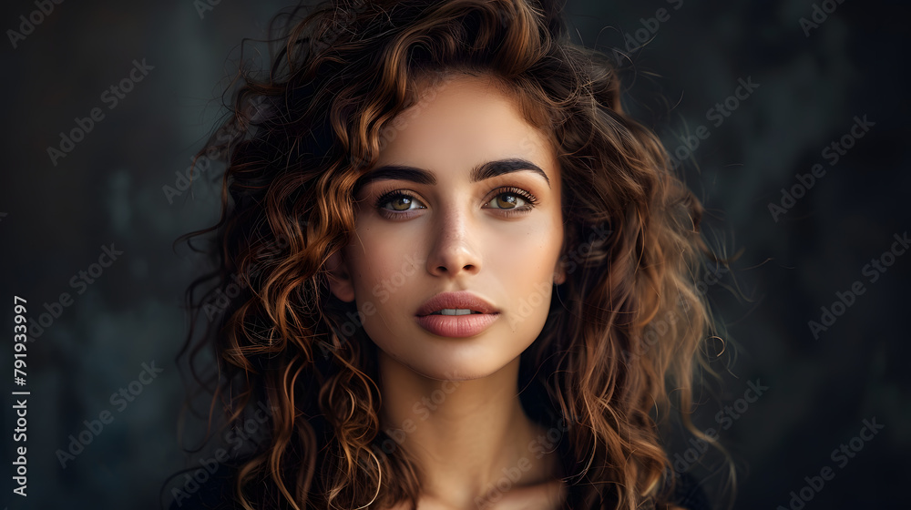 Fototapeta premium Curly-Haired Woman's Sensual Glamour in Studio Portrait