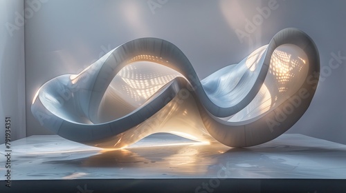 White marble sculpture in the shape of a Mobius strip, lit from above