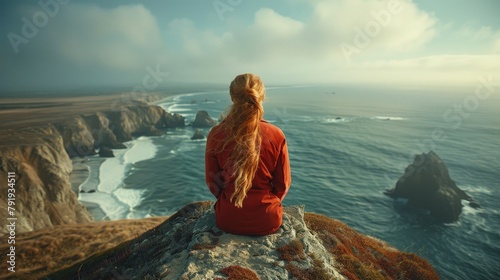 A pensive woman gazes at the sea from a cliff, lost in thought, embracing the vast ocean vista