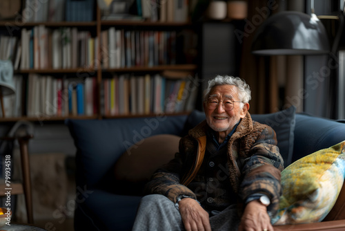 Senior korean man with glasses smiling on a sofa in a book-filled room