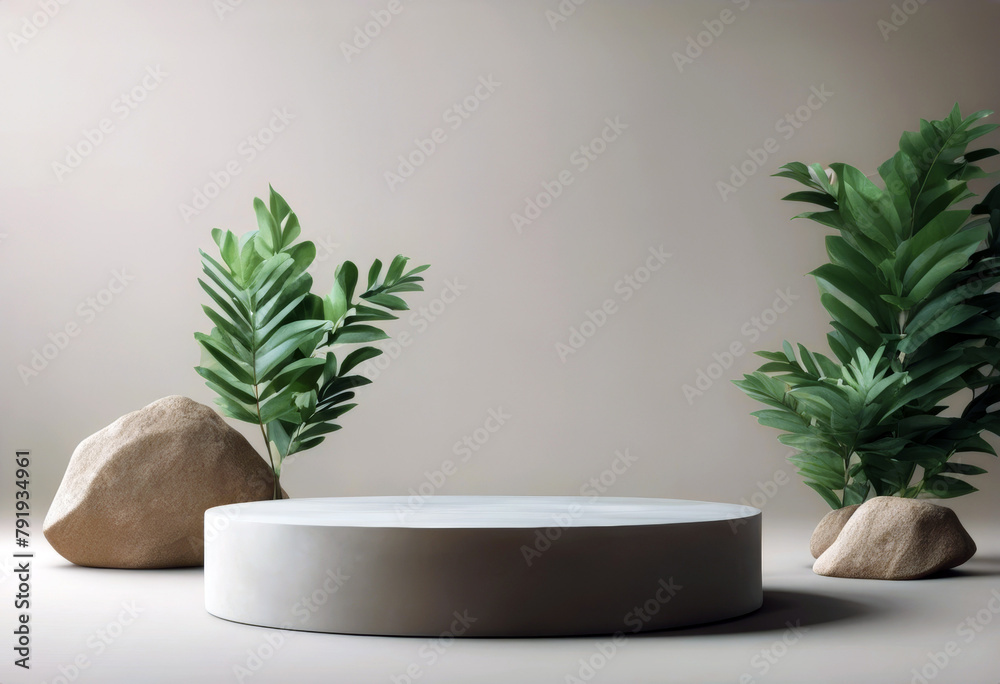 'nature podium leaves branch Stone background 3D brown splay product rendering poduim dais cosmetic eucalyptus display leaf tree plant green colours racked'