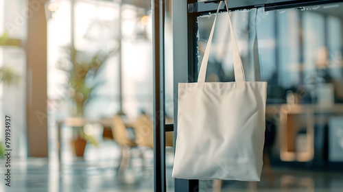 a bag  for mockup blank template hanging on a doorknob in the meeting room in the office with blur background photo