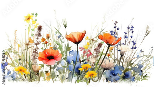 Watercolor border wildflowers floral illustration: summer flower, blossom, poppies, chamomile, dandelions, cornflowers, lavender, violet, bluebell, clover, buttercup, butterfly. Generative AI