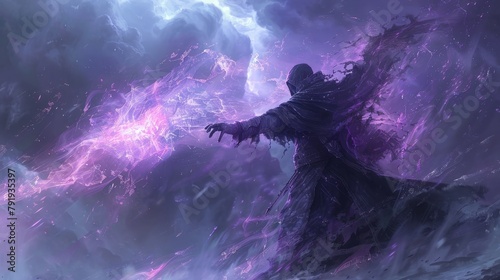 Dark figure in a purple cloak casting a spell photo
