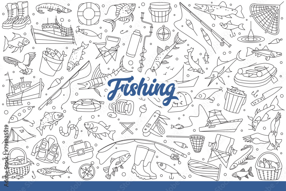 Fishing supplies and fish or boats and tents for fishermen interested in active hobbies. Set on theme of fishing with accessories for design of magazine for fans of sportfishing. Hand drawn doodle