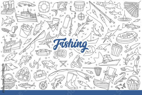 Fishing supplies and fish or boats and tents for fishermen interested in active hobbies. Set on theme of fishing with accessories for design of magazine for fans of sportfishing. Hand drawn doodle
