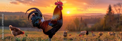 Majestic Rooster on Farm Field with Sunrise Backdrop photo