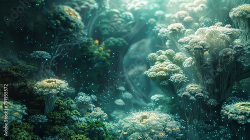 An ethereal dreamscape painting of an underwater garden with glowing flowers and mysterious light © Sodapeaw