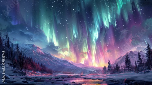 A beautiful winter landscape with a starry night sky and colorful aurora borealis.
