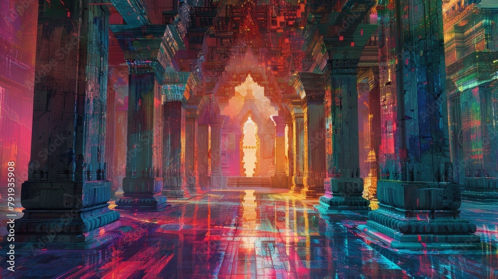 Obraz premium Vibrant colors illuminate a temple's interior with ornate pillars and a glowing doorway.