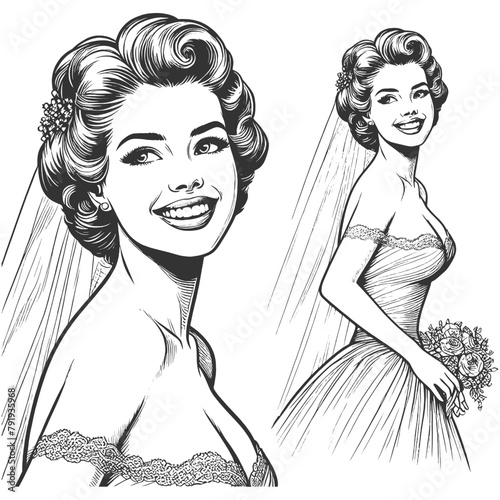 happy bride in two poses, showcasing her gown and classic hairstyle sketch engraving generative ai fictional character vector illustration. Scratch board imitation. Black and white image.