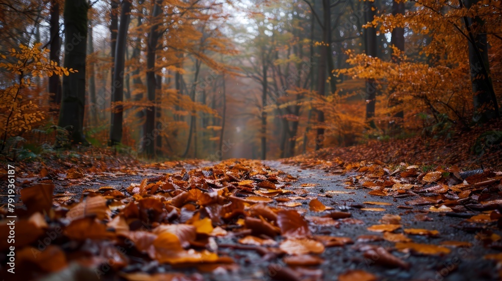 crisp autumn leaves cover the path in a dense forest - obrazy, fototapety, plakaty 