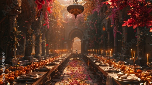 A long table set with a feast in a grand hall