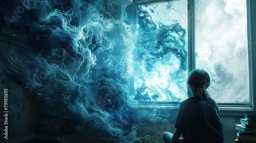 A girl looking out the window at a beautiful nebula photo