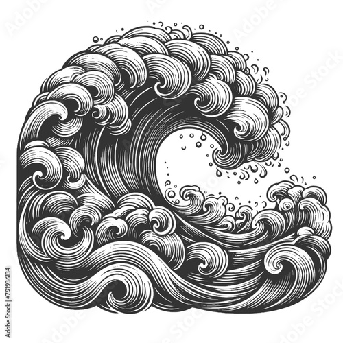 stylized ocean wave with ornate, swirling patterns, capturing the power and beauty of the sea sketch engraving generative ai vector illustration. Scratch board imitation. Black and white image.