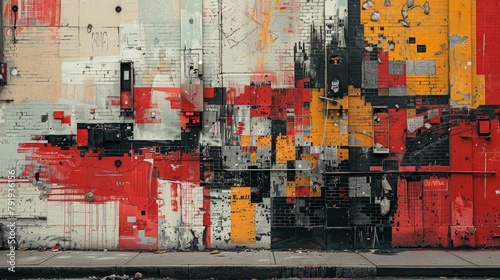 A photo of a graffiti covered brick wall with red, yellow, and black paint.