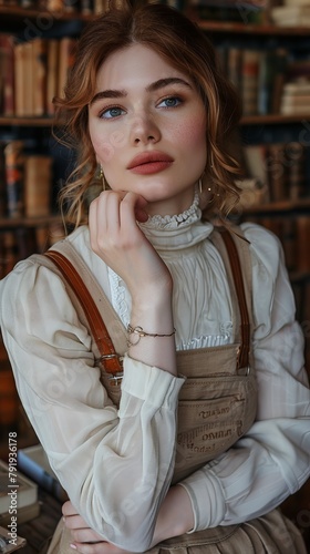 A woman immersed in contemplation within a library filled with ancient books, exuding a classic scholarly ambiance photo