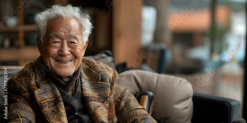 Content korean elderly man with glasses in a cozy room