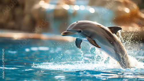 A dolphin jumping out of water in the zoo, wildlife sea animal concept.