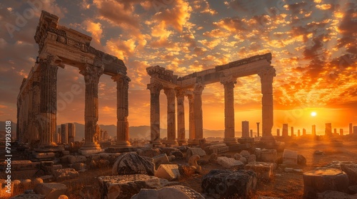 The ancient ruins of a Greek temple at sunset