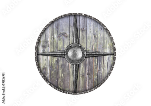 Old wooden round shield isolated on white background © Jakub Krechowicz