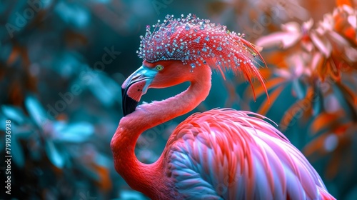 Flamboyant flamingo adorned with a bejeweled headdress, wearing a feathery boa, amidst a tropical paradise backdrop, lit with vibrant hues, radiating extravagance and charm photo