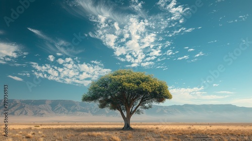 A single tree in the middle of a vast desert. photo