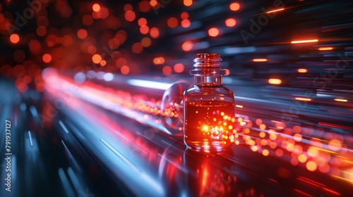Red glowing bottle with magic potion on the futuristic surface with red and blue neon lights